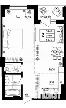 1-к квартира, вторичка, 51м2, 9/25 этаж