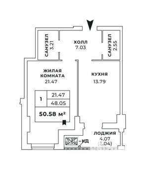 1-к квартира, сданный дом, 51м2, 11/24 этаж
