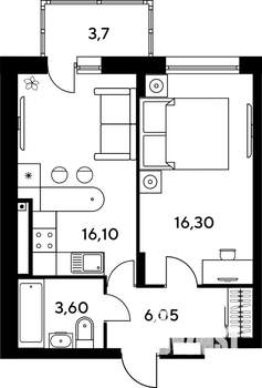 2-к квартира, строящийся дом, 46м2, 6/9 этаж