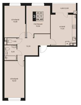 3-к квартира, строящийся дом, 85м2, 2/12 этаж