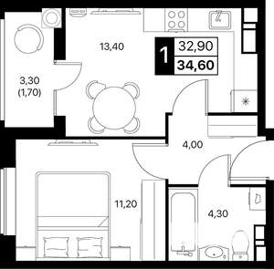 1-к квартира, вторичка, 35м2, 4/12 этаж