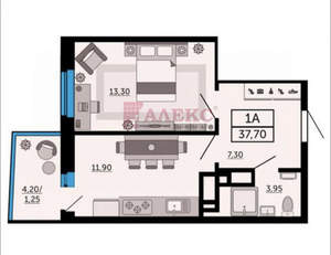 1-к квартира, вторичка, 37м2, 8/19 этаж