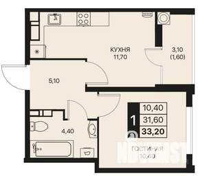 1-к квартира, строящийся дом, 33м2, 8/12 этаж