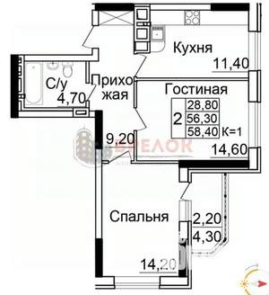 2-к квартира, вторичка, 58м2, 11/25 этаж