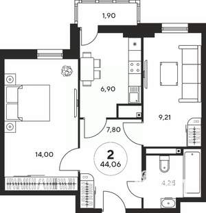 2-к квартира, вторичка, 44м2, 16/25 этаж