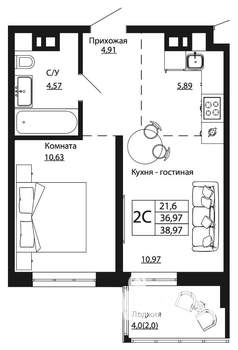 1-к квартира, строящийся дом, 39м2, 15/24 этаж