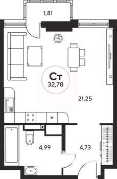 Студия квартира, вторичка, 33м2, 5/25 этаж