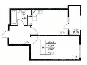 1-к квартира, вторичка, 46м2, 9/25 этаж