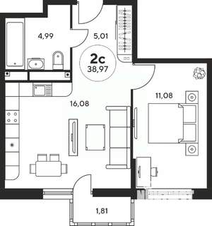 2-к квартира, вторичка, 39м2, 19/25 этаж