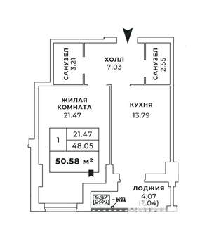 1-к квартира, сданный дом, 51м2, 11/24 этаж