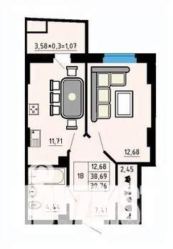 1-к квартира, строящийся дом, 39м2, 20/25 этаж