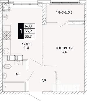 1-к квартира, вторичка, 36м2, 6/22 этаж