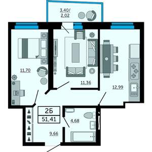 2-к квартира, строящийся дом, 51м2, 9/31 этаж
