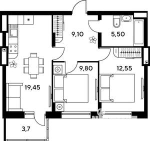 2-к квартира, строящийся дом, 48м2, 7/9 этаж