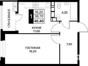 1-к квартира, строящийся дом, 40м2, 16/20 этаж
