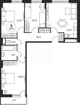 3-к квартира, вторичка, 72м2, 24/25 этаж
