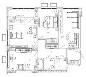 3-к квартира, строящийся дом, 86м2, 14/20 этаж