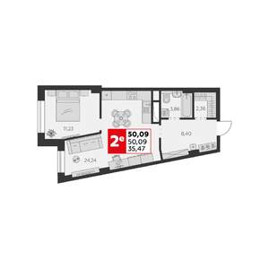 2-к квартира, строящийся дом, 50м2, 2/22 этаж