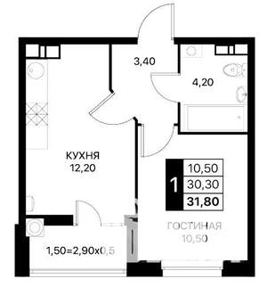 1-к квартира, вторичка, 32м2, 2/12 этаж