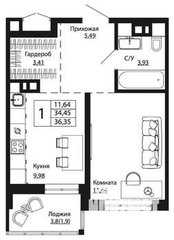 1-к квартира, строящийся дом, 37м2, 2/24 этаж