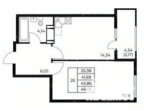 1-к квартира, вторичка, 46м2, 7/25 этаж