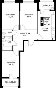 3-к квартира, вторичка, 74м2, 2/7 этаж