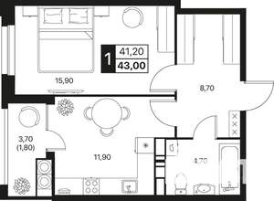 1-к квартира, вторичка, 43м2, 12/20 этаж