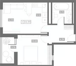 1-к квартира, вторичка, 45м2, 16/24 этаж