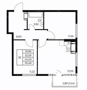 2-к квартира, строящийся дом, 55м2, 16/25 этаж