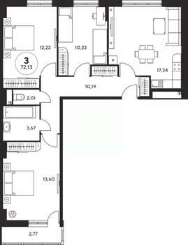 3-к квартира, вторичка, 72м2, 20/25 этаж