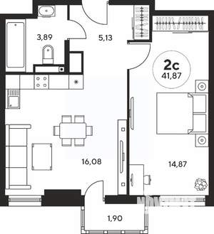 2-к квартира, вторичка, 42м2, 12/25 этаж