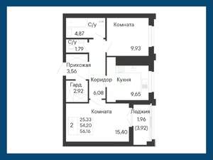 2-к квартира, вторичка, 56м2, 6/8 этаж