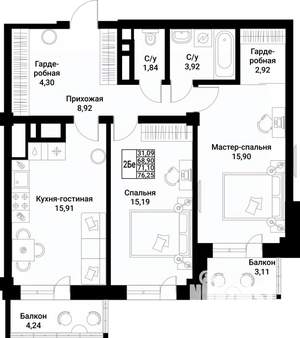 2-к квартира, вторичка, 71м2, 4/10 этаж