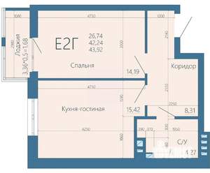 2-к квартира, строящийся дом, 44м2, 12/15 этаж