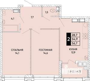 2-к квартира, вторичка, 57м2, 23/24 этаж