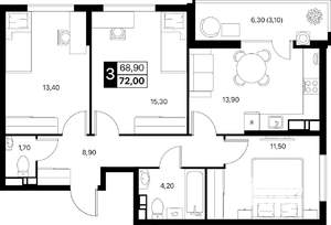 3-к квартира, вторичка, 72м2, 8/12 этаж