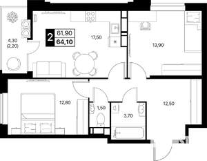 2-к квартира, строящийся дом, 64м2, 16/20 этаж