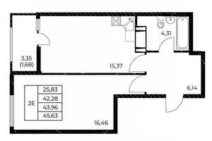 1-к квартира, вторичка, 46м2, 6/25 этаж