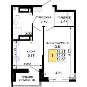 1-к квартира, вторичка, 34м2, 9/25 этаж