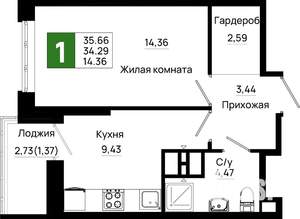 1-к квартира, вторичка, 36м2, 18/25 этаж