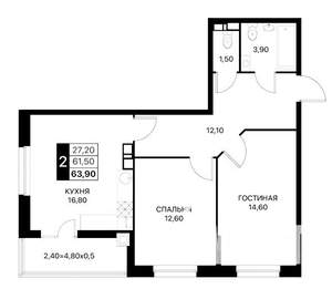 2-к квартира, вторичка, 64м2, 10/12 этаж
