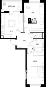 2-к квартира, вторичка, 64м2, 2/12 этаж
