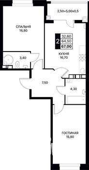 2-к квартира, вторичка, 67м2, 5/12 этаж