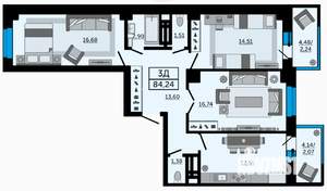 3-к квартира, строящийся дом, 84м2, 3/24 этаж