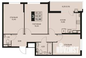 3-к квартира, строящийся дом, 72м2, 9/12 этаж