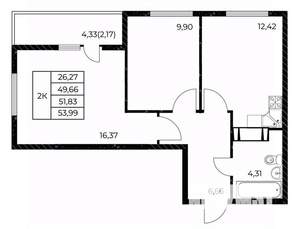 2-к квартира, вторичка, 54м2, 4/25 этаж