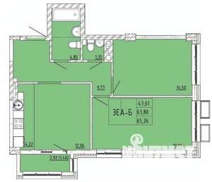 2-к квартира, строящийся дом, 65м2, 1/6 этаж