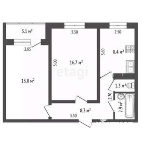 2-к квартира, вторичка, 52м2, 3/9 этаж