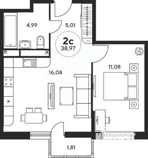 2-к квартира, вторичка, 39м2, 25/25 этаж