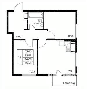 2-к квартира, строящийся дом, 55м2, 13/25 этаж